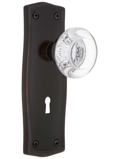 Prairie Style Door Set with Round Crystal Glass Knobs in Timeless Bronze.